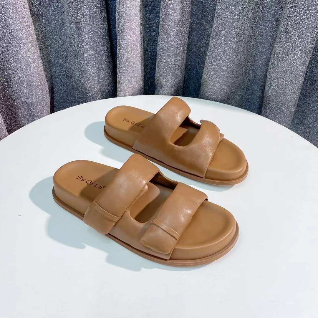 C2912  棕色  夏季时尚高端厚底真皮凉拖鞋