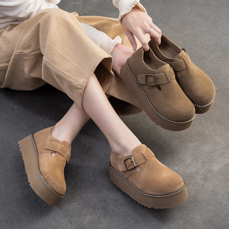 2025春季新款厚底复古增高勃肯鞋反绒魔术贴单鞋百搭平底软底单鞋