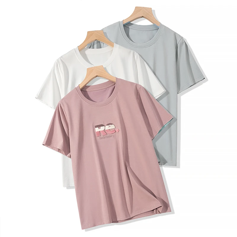 冰氧夏天！夏季新款全棉字母刺绣亲肤透气短袖百搭显瘦T恤女#L071