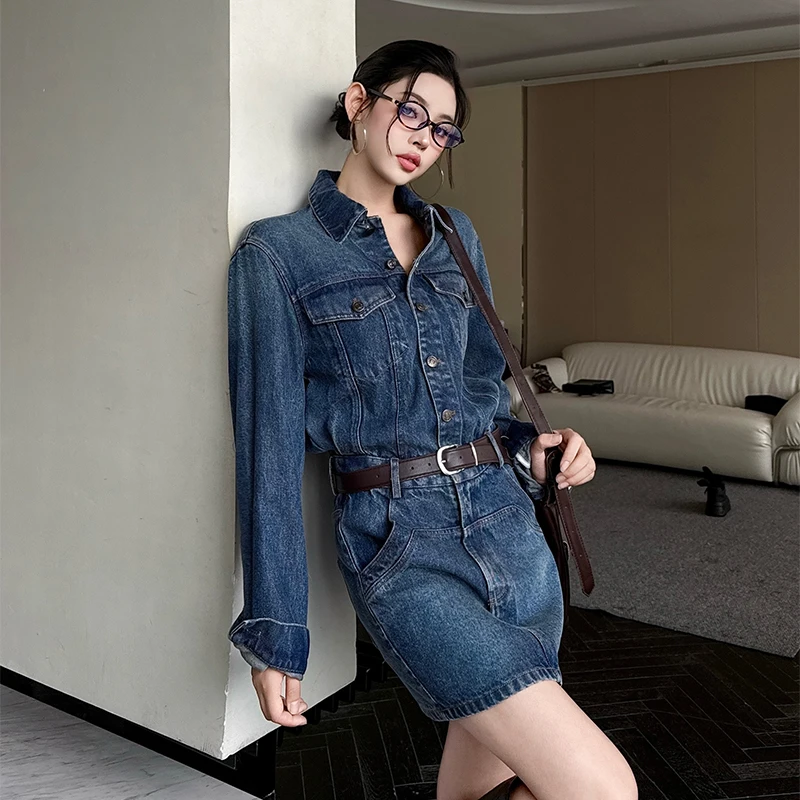 YIRAN/奕冉牛仔原宿风系扣连衣裙2025秋季收腰长袖气质甜酷裙子女