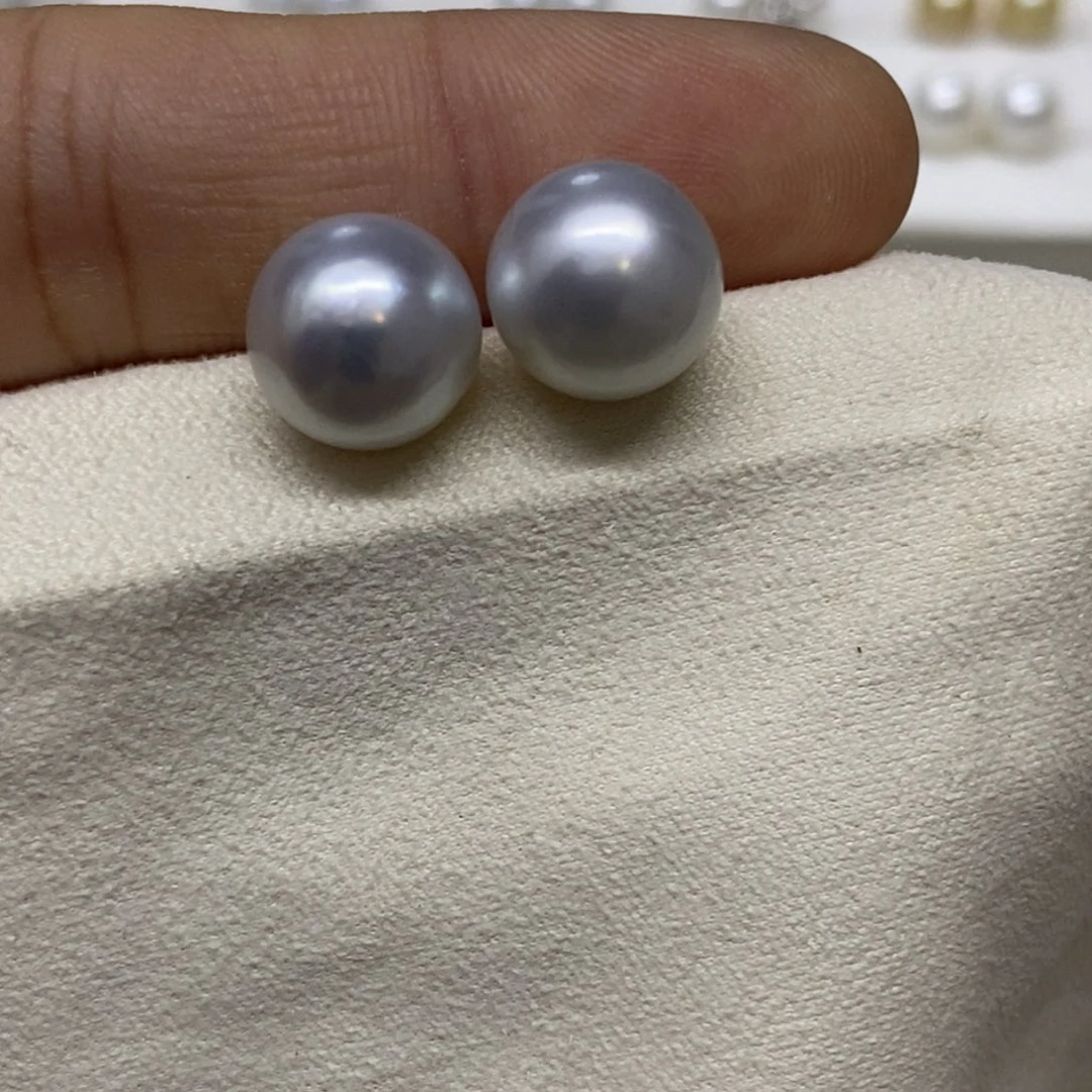 银S925镶嵌耳饰海水珍珠澳白素钉11-12mm特价