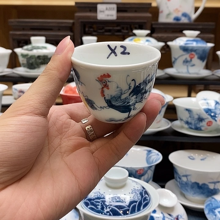手绘公鸡主人杯65cc2个装釉下彩微瑕福利款