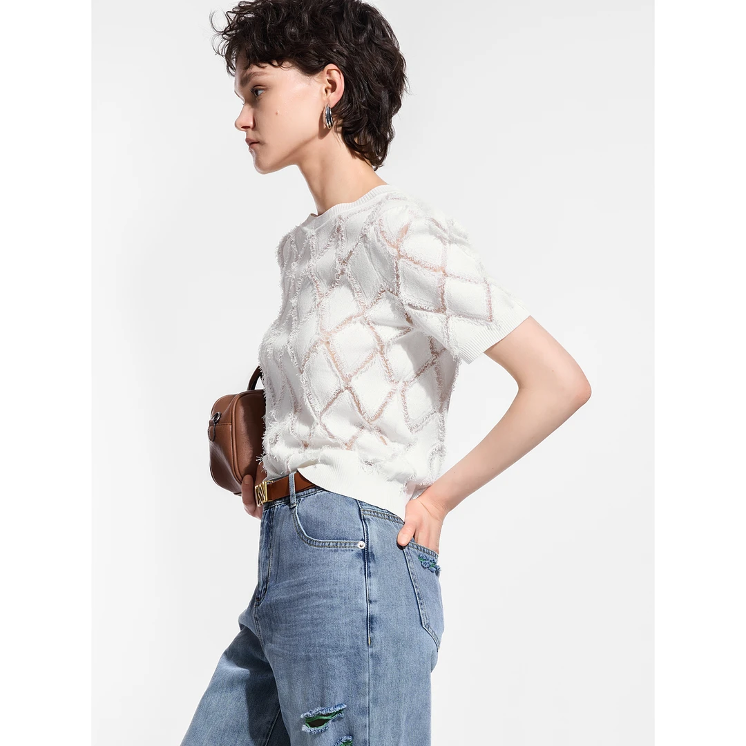 贝茜妮菱形格修身圆领时髦针织衫女2025夏季新款通勤百搭短袖上衣