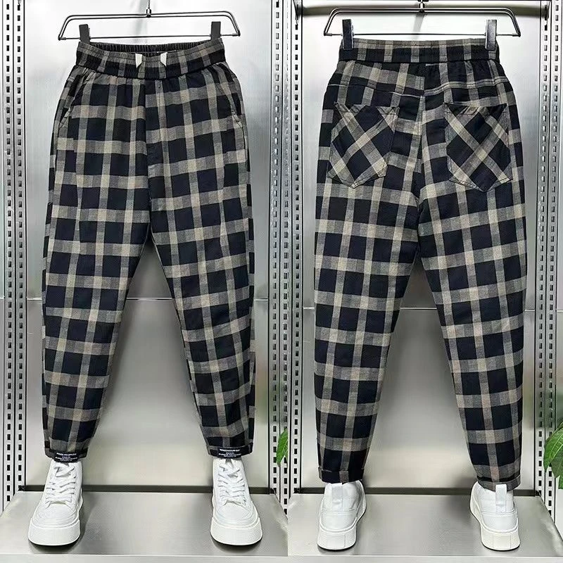 夏季潮流透气格子休闲裤男薄款潮牌格子宽松小裤韩版显瘦九分裤