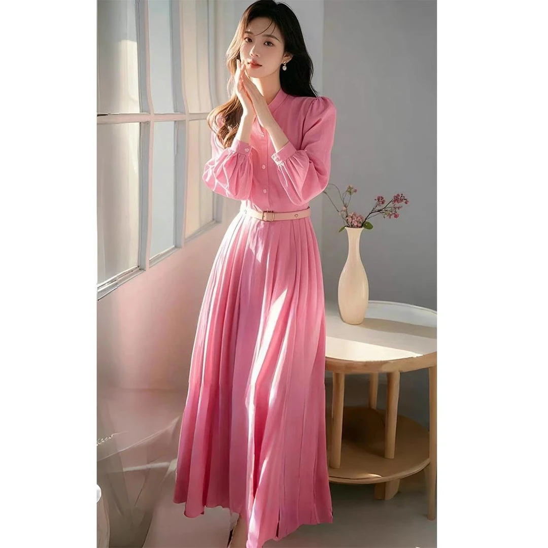 4316新款长袖衬衫粉色连衣裙女装春季高级感法式气质收腰百褶裙子