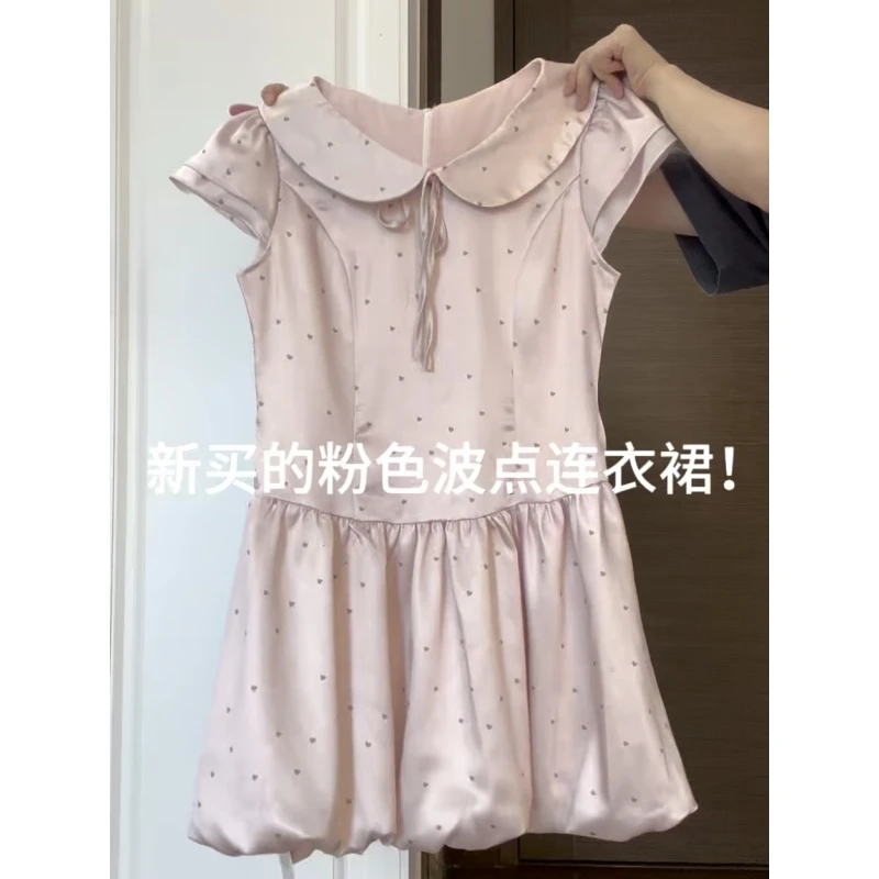 心动可露丽连衣裙夏学院风短裙2025新款缎面女收腰花苞裙