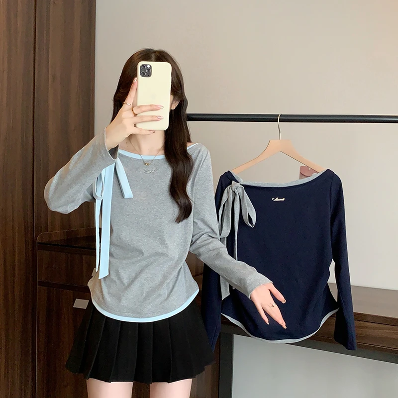 2025秋装新款胖mm大码女休闲一字领蝴蝶结撞色长袖上衣百搭小众潮