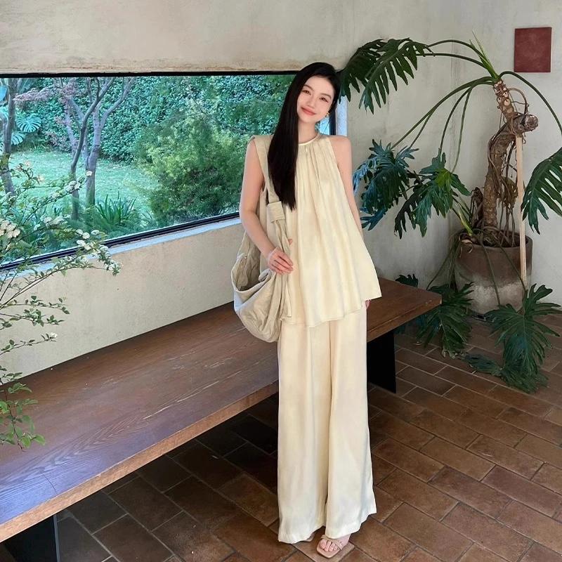 法式温柔风背心套装女夏季慵懒清凉感度假风无袖上衣阔腿裤两件套