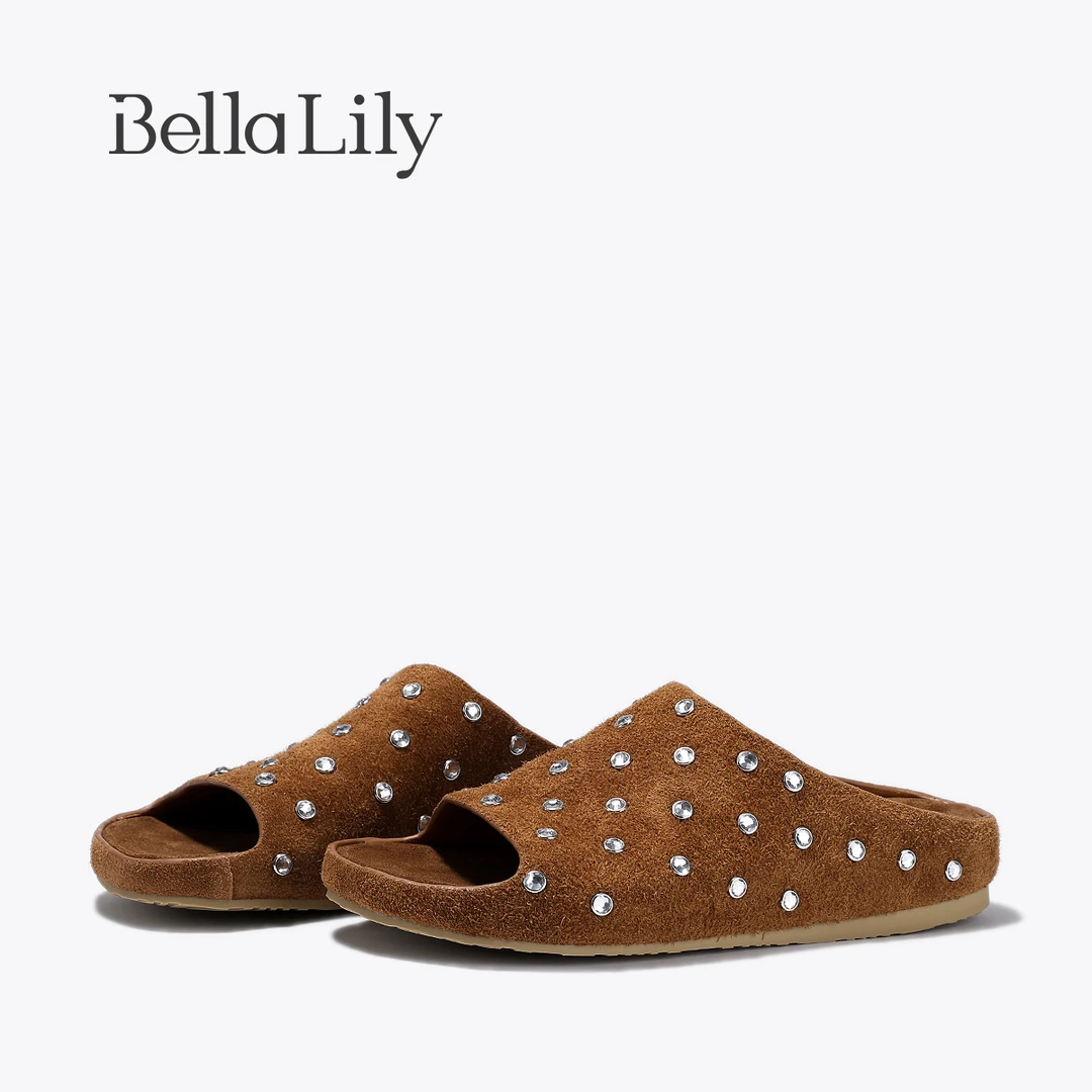 BellaLily2025夏季新款复古小众勃肯鞋水钻露趾凉拖百搭懒人拖鞋