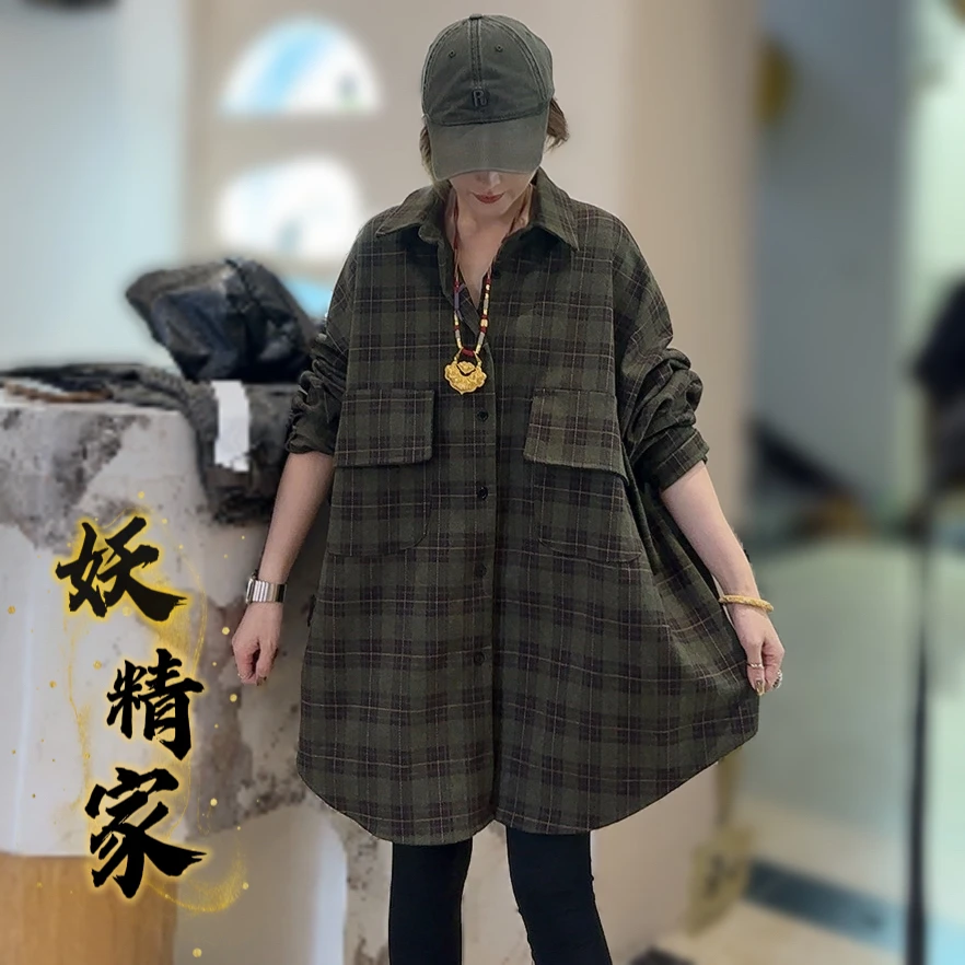253161【妖精家】百搭复古格子女中长款休闲宽松慵懒风衬衣设计外套