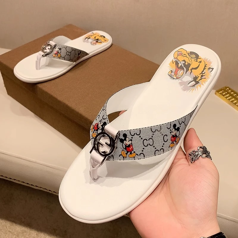 爱若摩根拖鞋男潮米奇印花人字拖真皮外穿防滑夹脚沙滩凉鞋