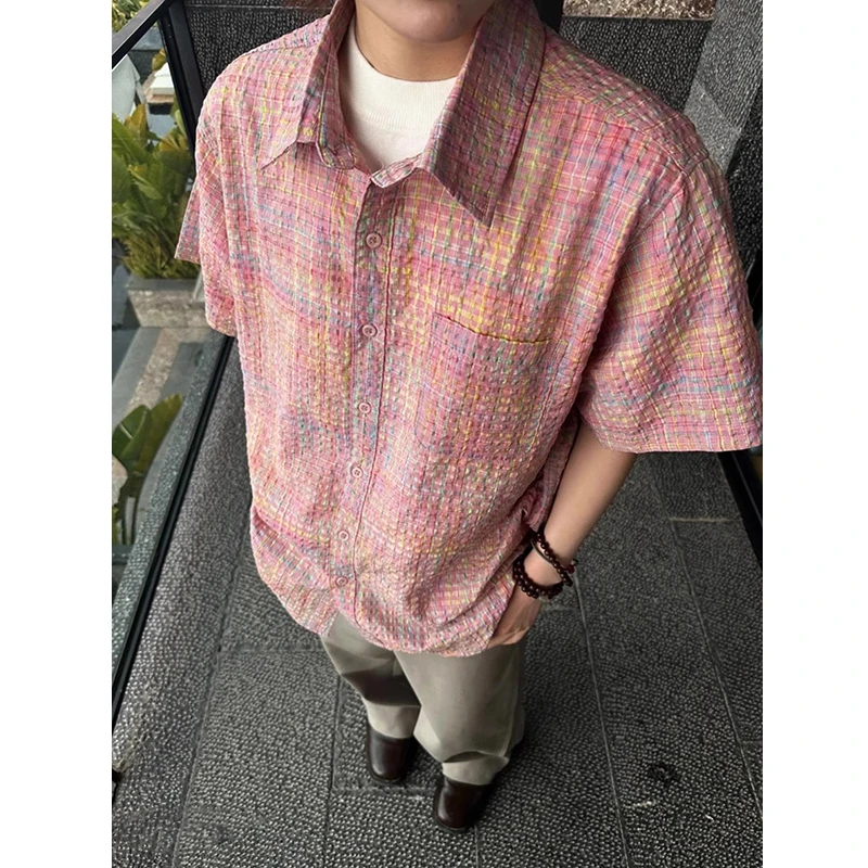 粉色泡泡纱格子衬衫男短袖美式复古高级感廓形织格纹半袖衬衫外套
