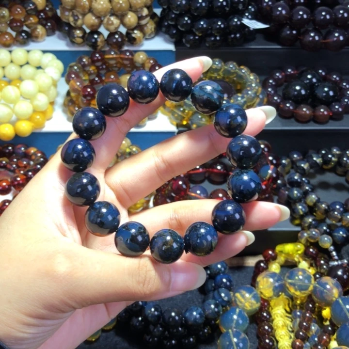 琥珀未镶嵌手链馆藏级星际蓝天翁珀手串满蓝手串