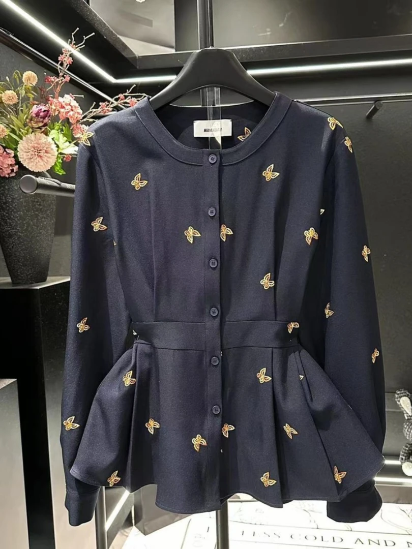 大码2025早秋新款胖MM刺绣蝴蝶长袖衬衫开衫女高级感时尚气质上衣