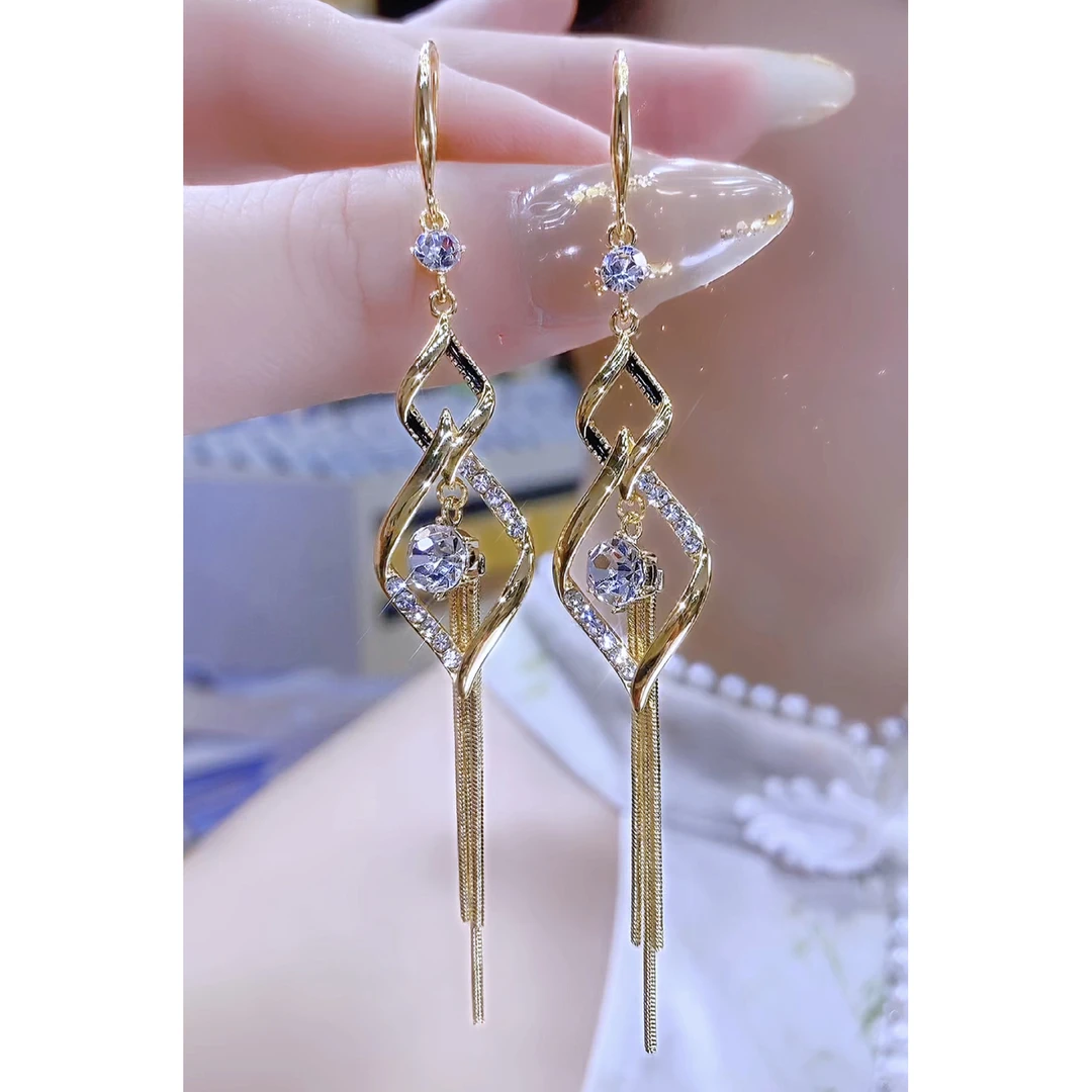 铜合金合成锆石耳饰 气质个性百搭双菱形流苏耳钩耳环