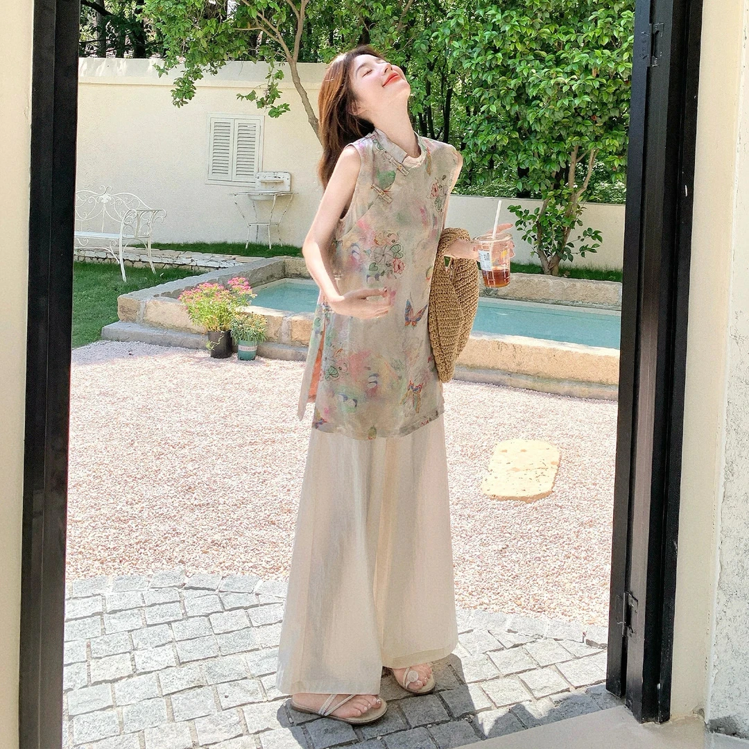 新中式国风碎花立领上衣阔腿裤套装两件套女夏季韩系超好看老钱风