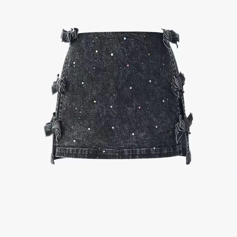 LeFame/拉飞姆2024夏花灰蝴蝶结烫钻梭织A型短半裙LF24X61NS318