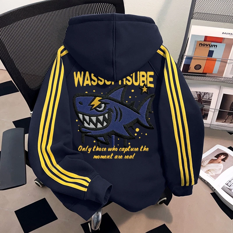 WASSUP HSUBE鲨鱼趣味潮流套头连帽情侣卫衣潮酷宽松休闲上衣chic