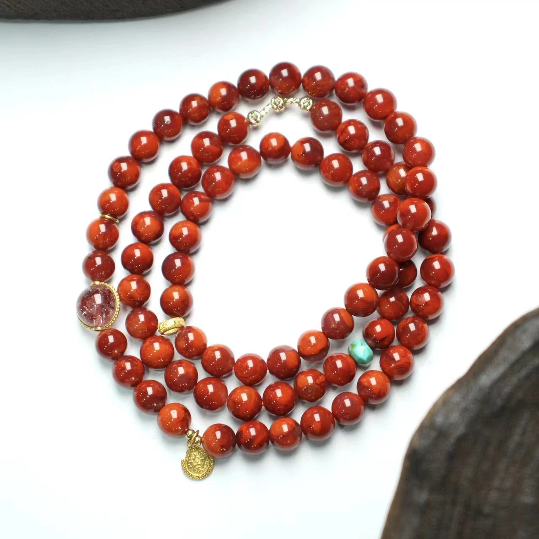 【壹芳珠宝】天然原矿南红火焰纹18K金设计三圈6mm