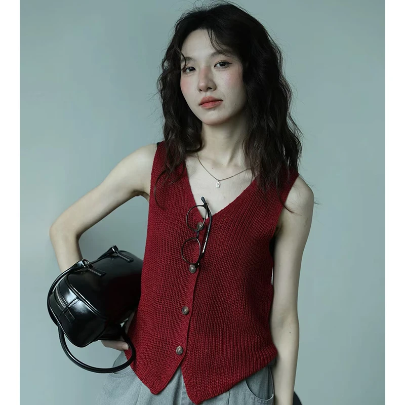 小香风冰丝糖果色背心显瘦设计感少女风复古通勤外搭针织衫