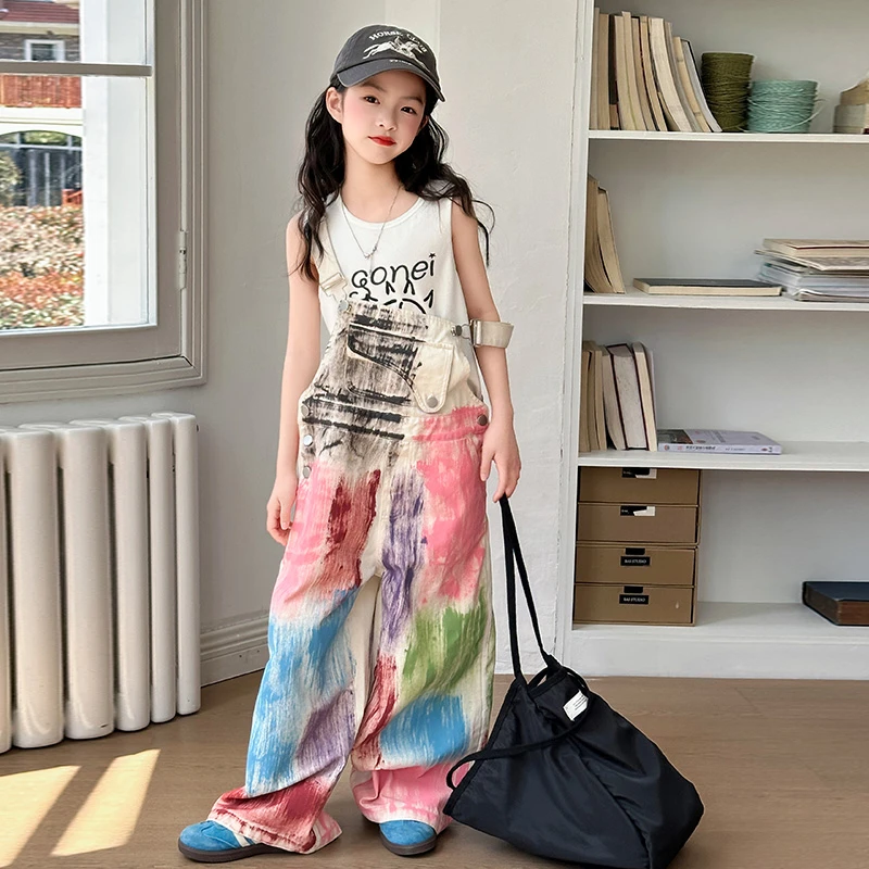 【酷哒仔】女童涂鸦风背带裤子上衣两件套装2025夏季中大童女孩子潮