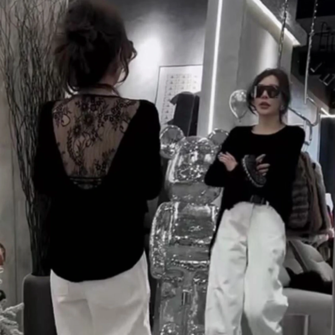 早春2025圆领t恤丝绒上衣女装时尚性感露背长袖显瘦打底衫上衣潮