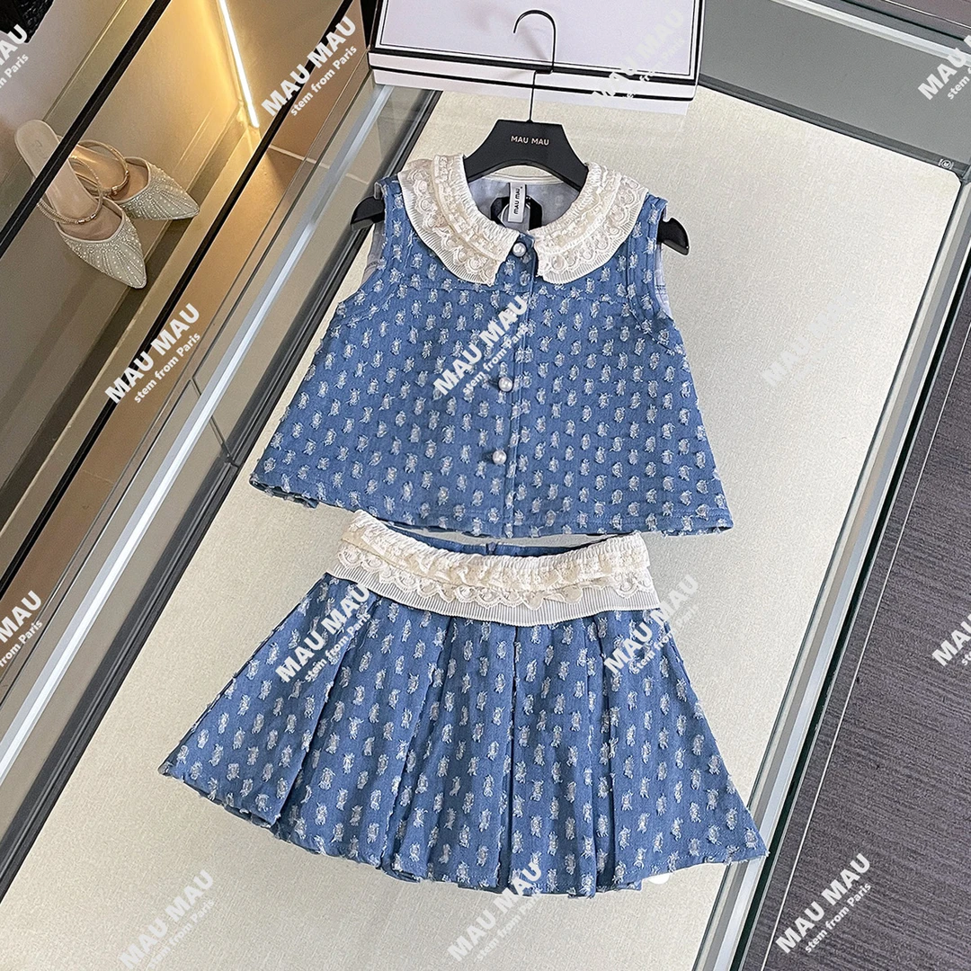 2025夏季女装法式蕾丝破洞背心上衣+百褶半身裙套装DY7555