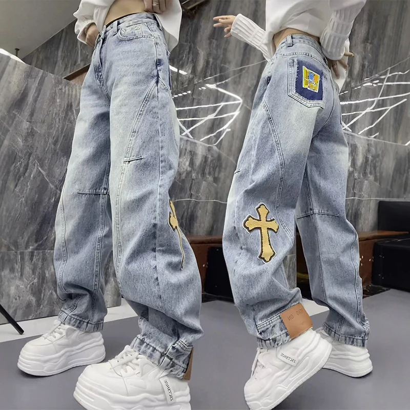 爆款洋气卡通工装牛仔裤女2025春季新款高腰宽松显瘦阔腿弯刀裤子