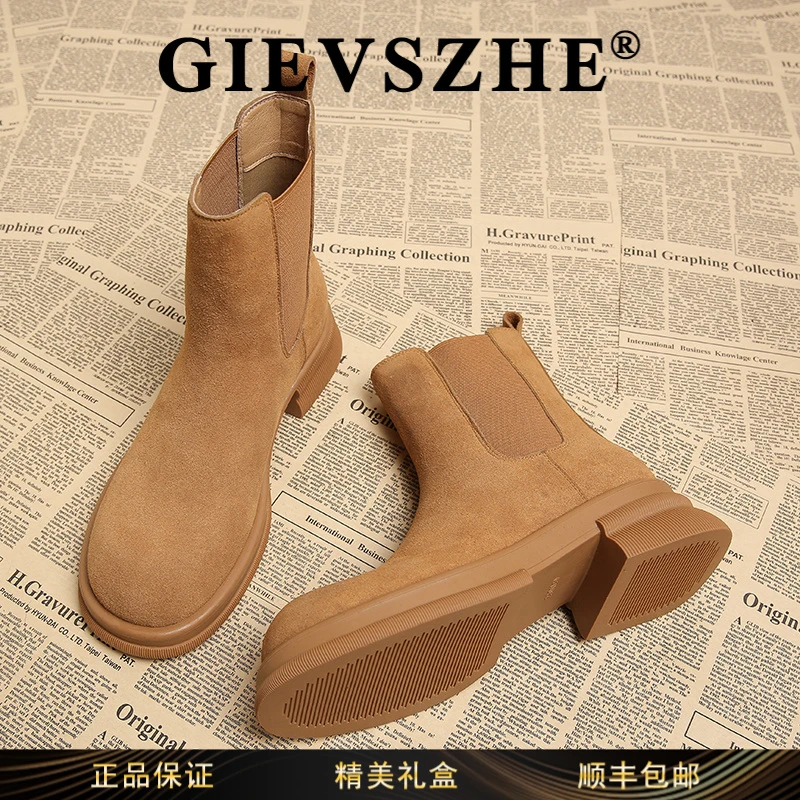 纪诗哲真皮超酷磨砂秋冬款炸街小短靴女大黄靴2025早秋黄色马丁靴