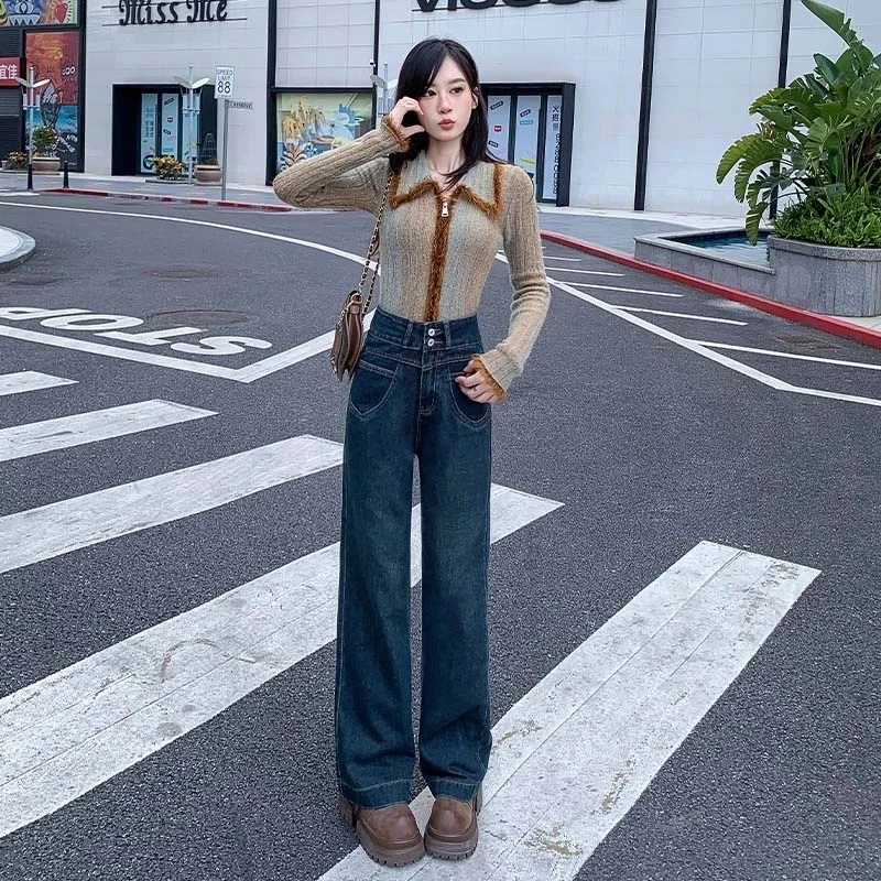 爆款阔腿牛仔裤女2024秋冬新款厚款高腰垂感直筒显高显瘦女士裤子