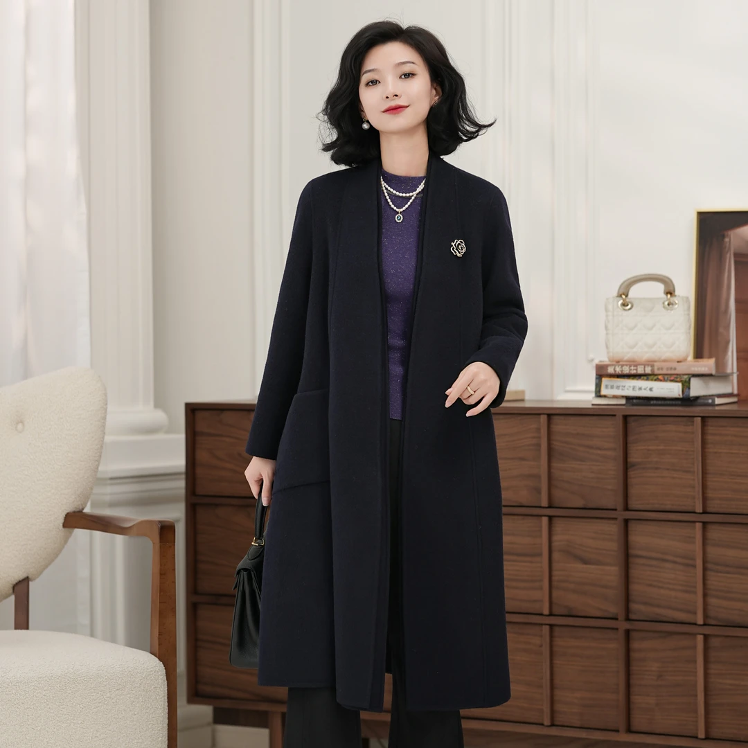 西子/【时代名媛】羊绒羊毛双面呢高级轻奢藏青色大衣/DYBH2063