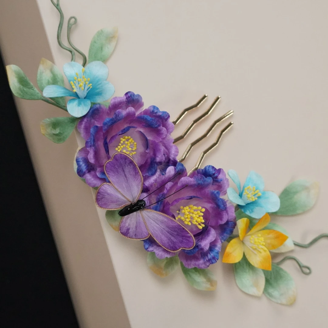 紫蝶踪 紫色牡丹插梳非遗绒花发饰头饰气质外出发簪新中式花朵