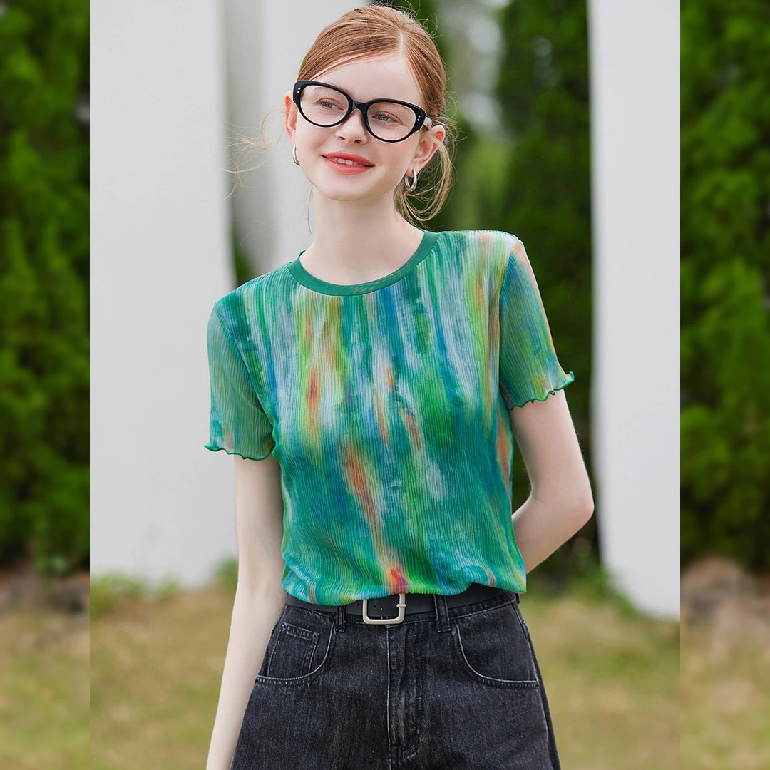 白鹿语25夏季新款时尚休闲打底圆领印花短袖微弹女装T恤YU20450