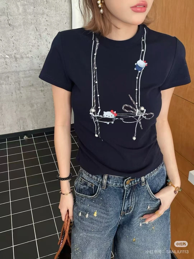 肉肉家*大码小众藏蓝收腰T恤