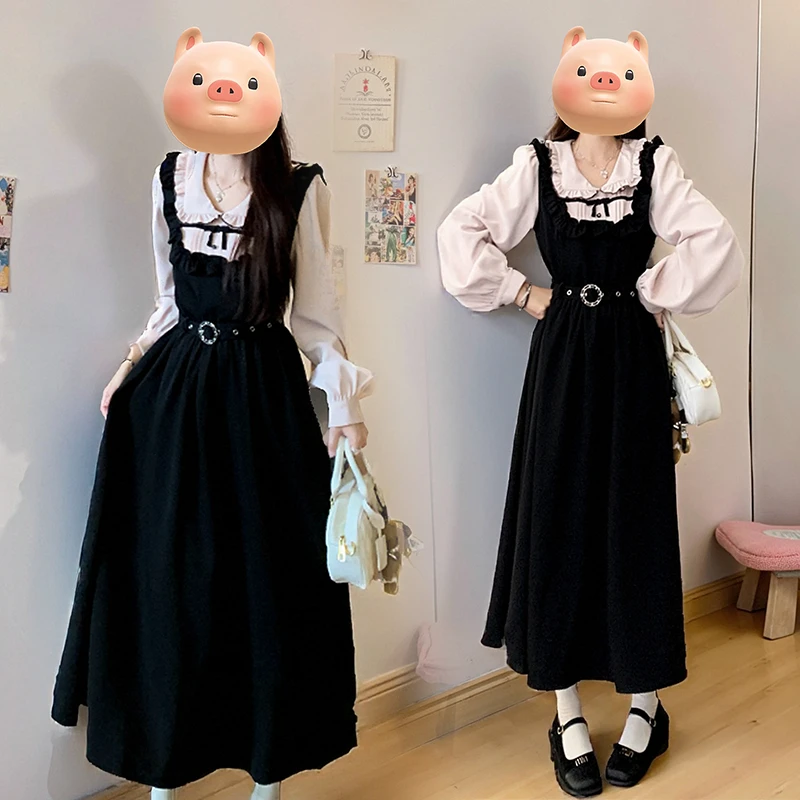 秋季新款大码胖mm法式黑杏拼接收腰显瘦拼接连衣裙女