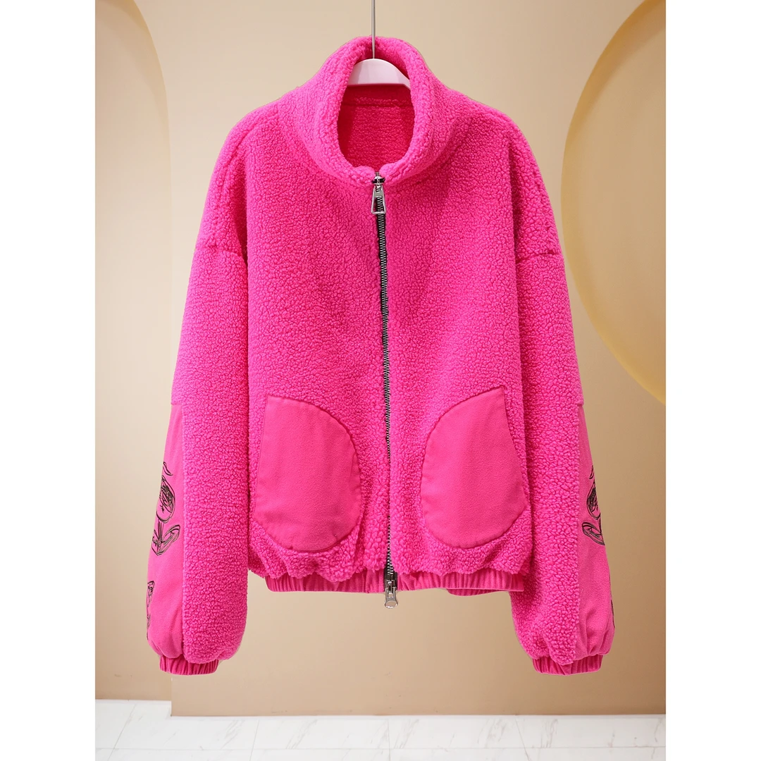 【韩哥女装】冬季时尚玫红色半高领休闲感羔绒外套5265