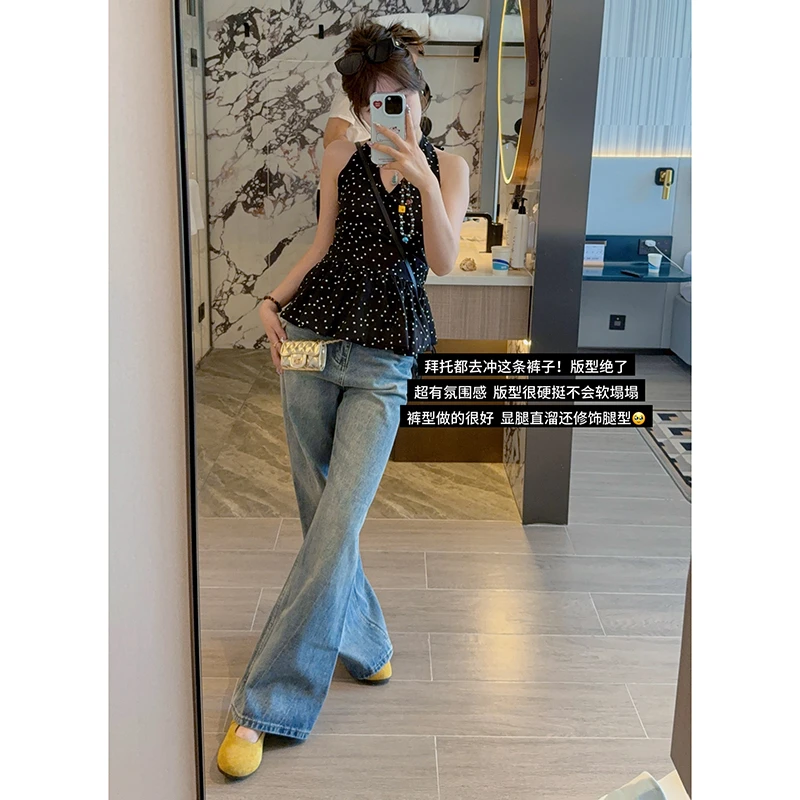 NORNLGGER 浅蓝扎花水洗微喇叭牛仔裤女设计感高腰时髦阔腿裤子