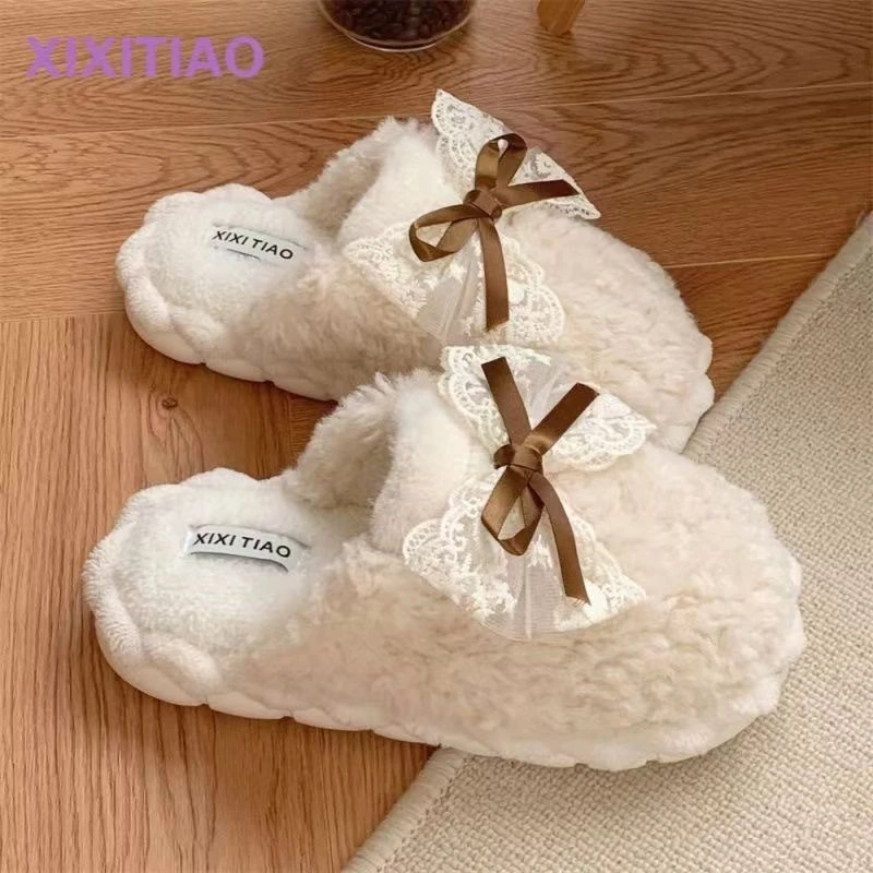 冬季棉拖鞋女款学生版蝴蝶结厚底防滑保暖居家休闲百搭家庭拖鞋女