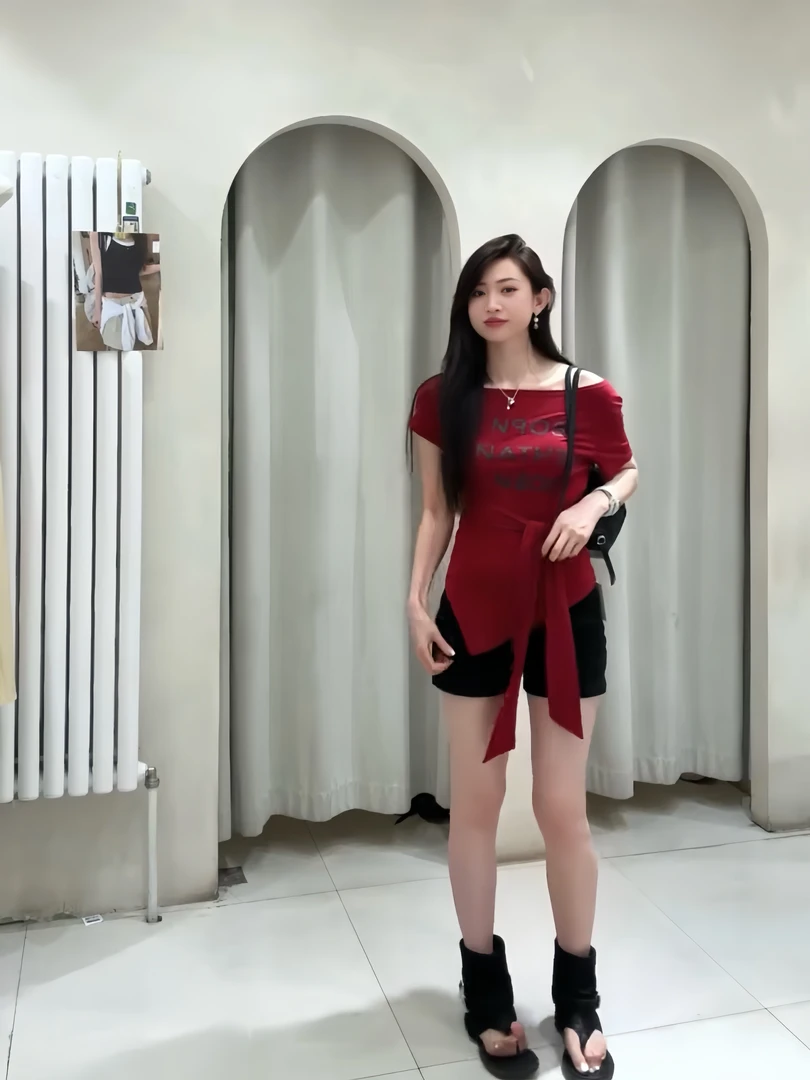 绑带印花可斜肩t洋气夏季洋气衣服女