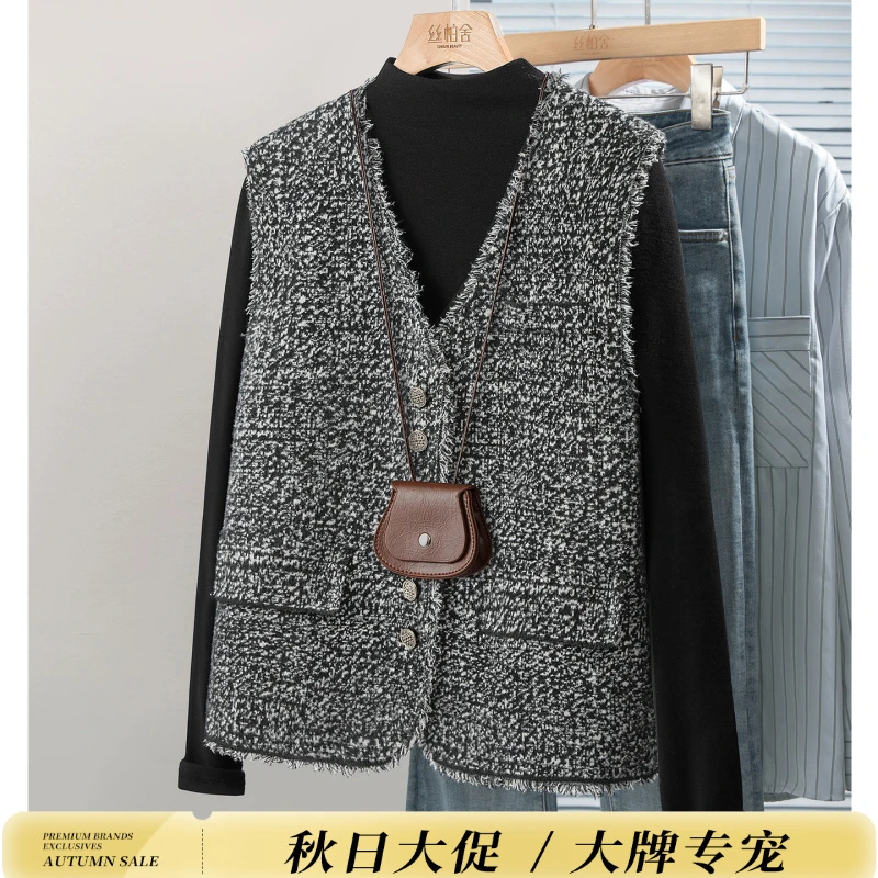 丝柏舍2025秋装新款女装小香风马夹毛边单排扣V领马甲S53T3250J