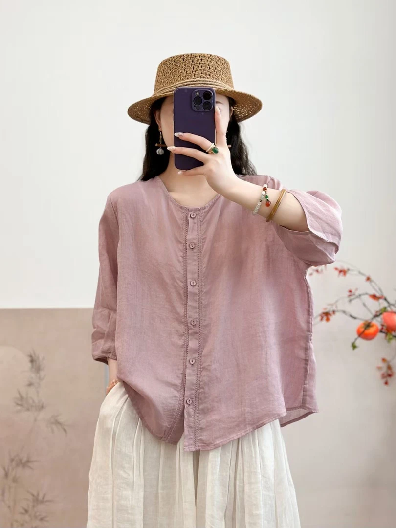 夏季苎麻七分袖大码宽松夏季女士五分袖衬衫复古上衣休闲风薄款