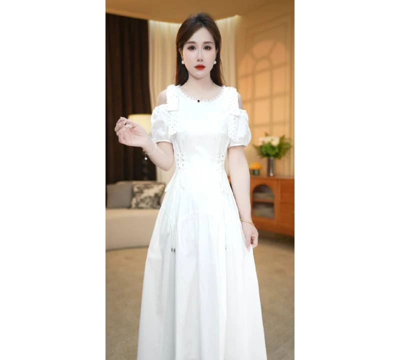 【连衣裙】夏季新款圆领露肩时尚短袖中长款连衣裙M-4XL