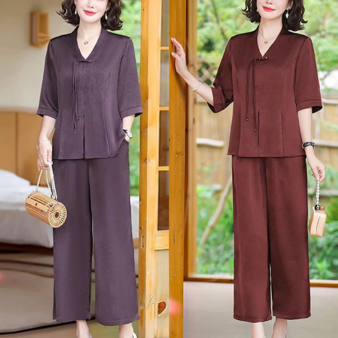 妈妈装夏装高档国风套装夏季中老年阔腿裤洋气显示短袖享受生活