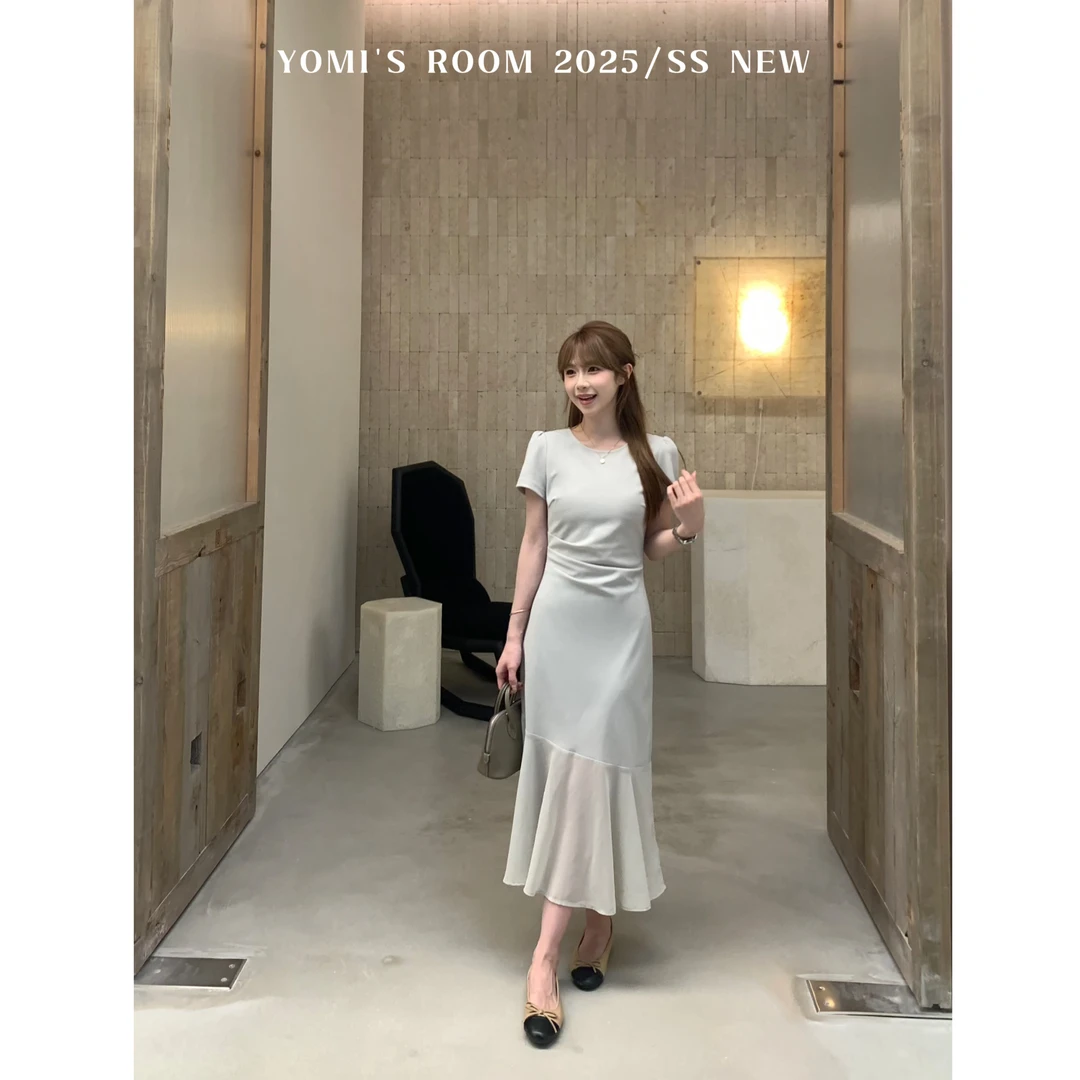 【现货】YOMI小个子【艺术新贵】浅绿拼接法式气质收腰显瘦显白连衣裙