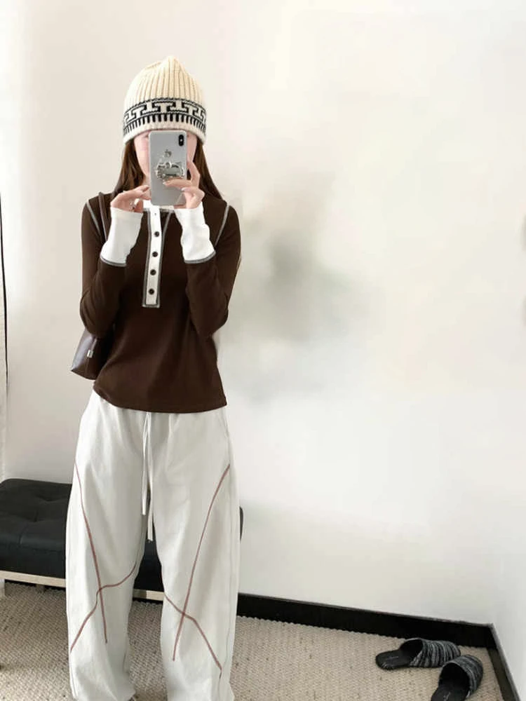 圆领长袖常规款少女风修身型T恤百搭韩版撞色直筒