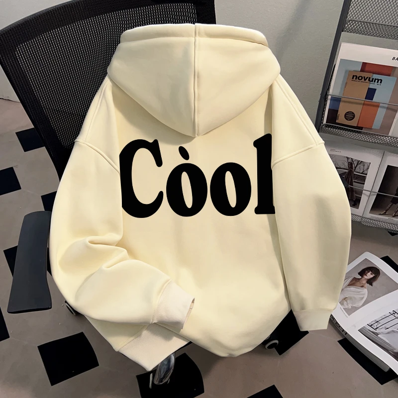 Dekkry潮流个性字母印花秋冬无口袋杏色连帽卫衣加绒男女百搭上衣