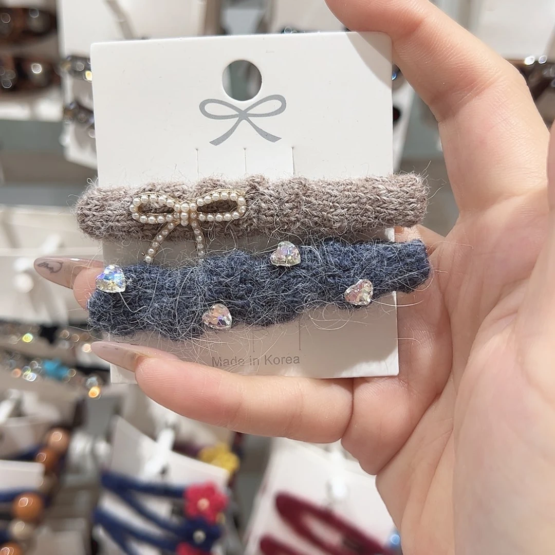 仿珍珠非金属咖色蓝色拼毛线一字鸭夹