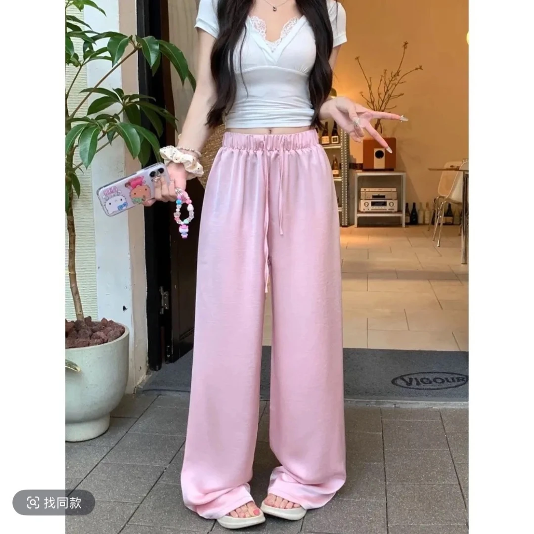 新中式国风阔腿裤女夏季薄款高腰醋酸缎面休闲裤宽松垂感裤子