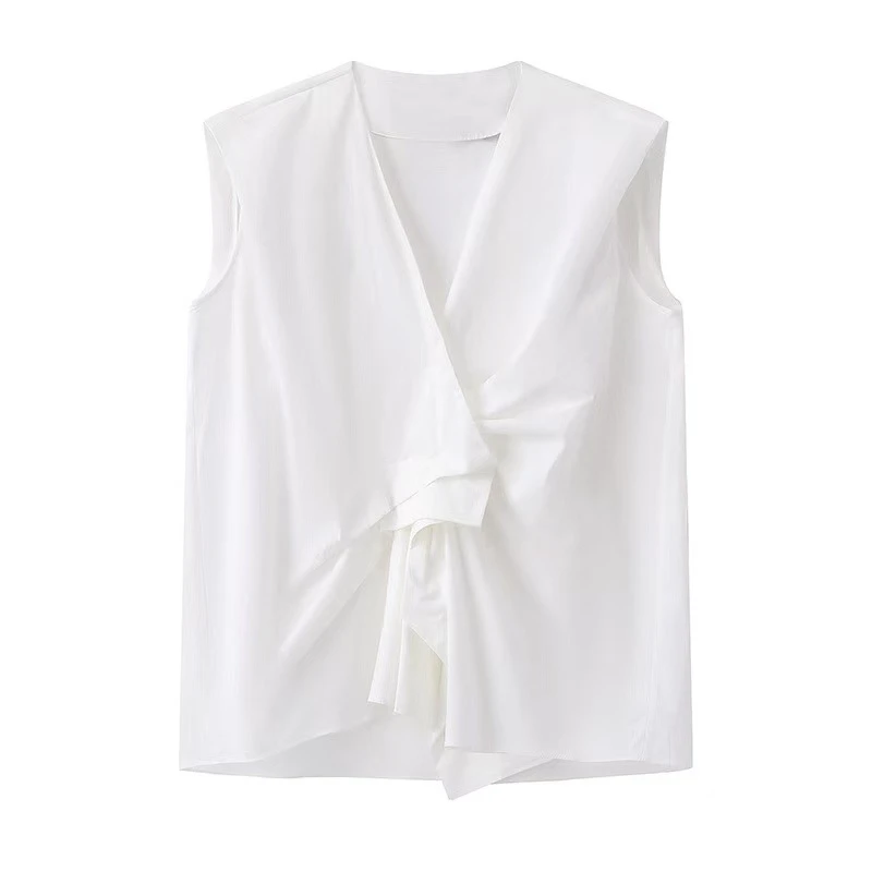 艾诺丝女装25夏季新款时尚气质不规则无袖V领衬衫女上衣50425013