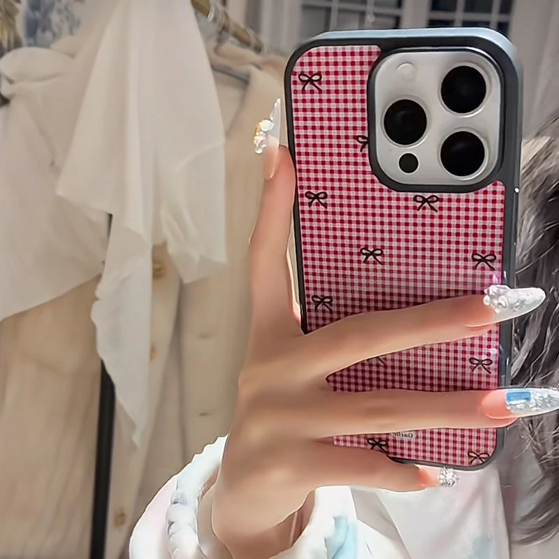 韩系红格子16proamx手机壳适用苹果女小众12简约13新款14手机套15